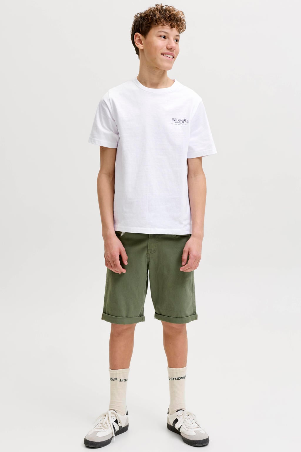Witte jongens JACK & JONES JUNIOR T-shirt van katoen met backprint, korte mouwen en ronde hals