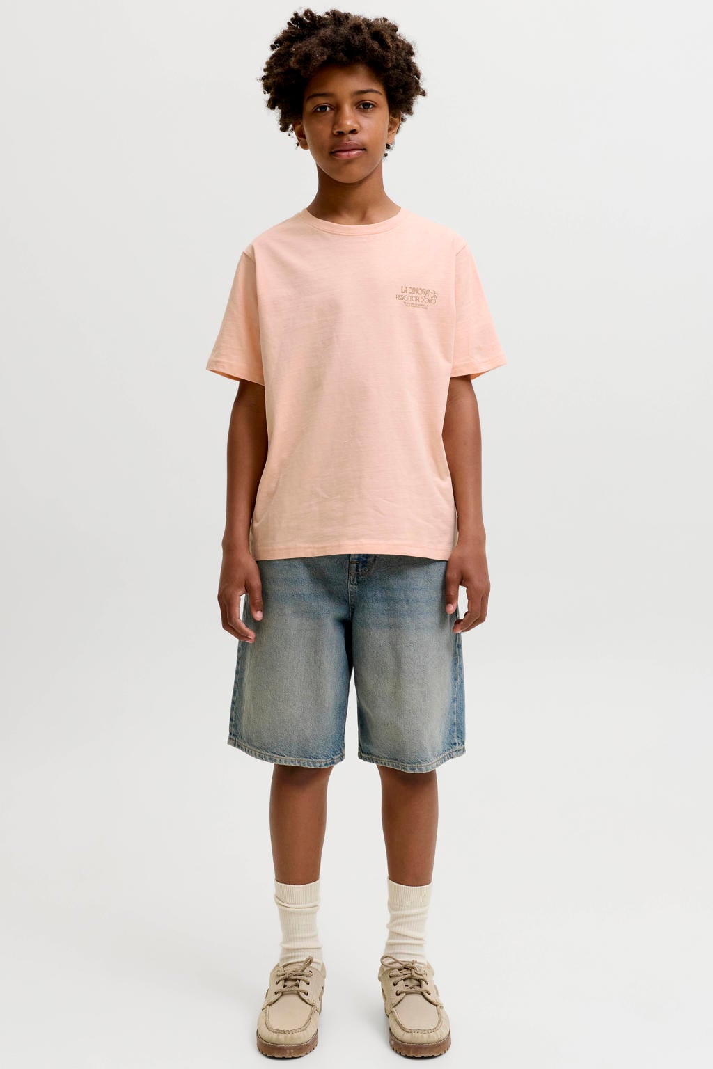 Oranje jongens JACK & JONES JUNIOR T-shirt van katoen met backprint, korte mouwen en ronde hals