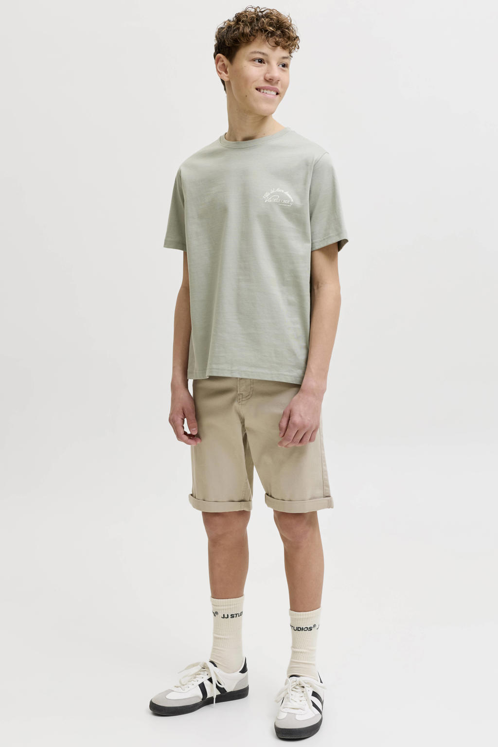 Groene jongens JACK & JONES JUNIOR T-shirt van katoen met backprint, korte mouwen en ronde hals