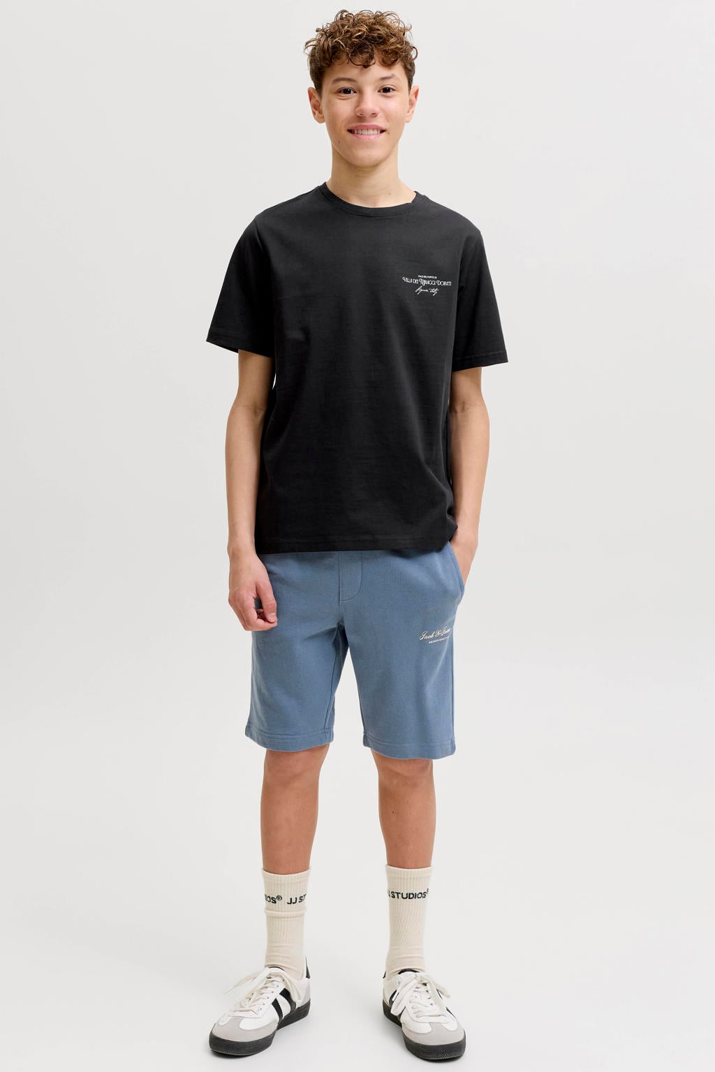 Zwarte jongens JACK & JONES JUNIOR T-shirt van katoen met backprint, korte mouwen en ronde hals