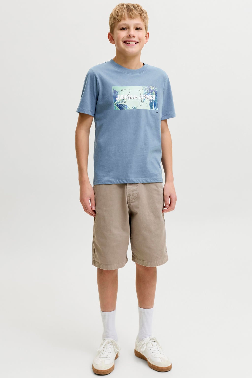 Blauwe jongens JACK & JONES JUNIOR T-shirt van katoen met logo dessin, korte mouwen en ronde hals