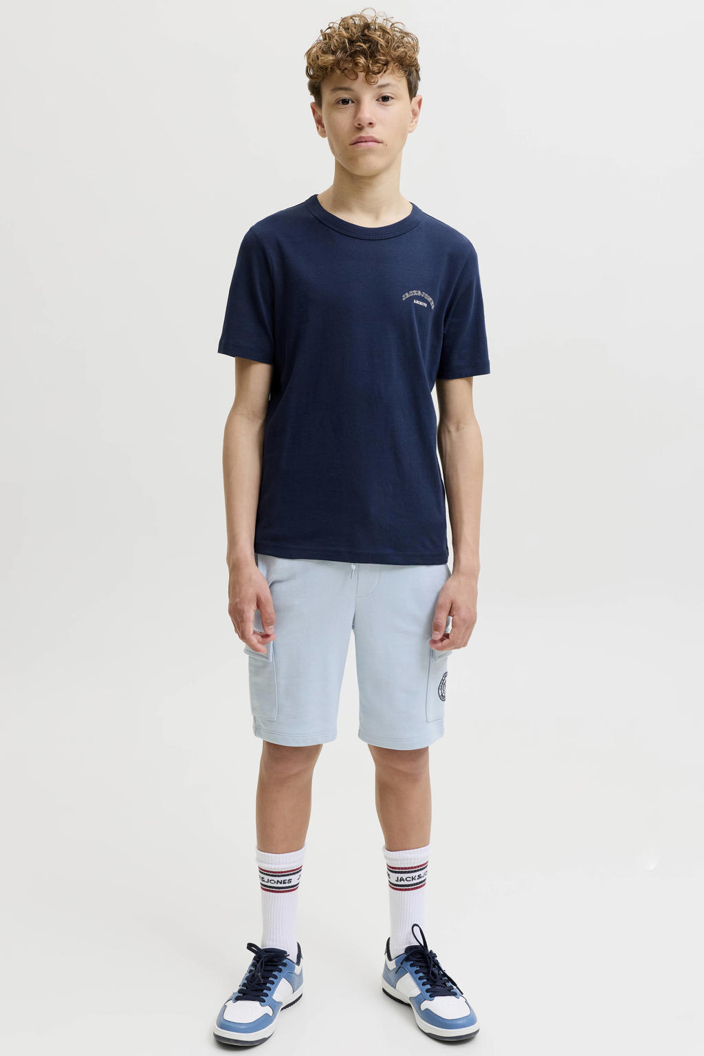 Lichtblauwe jongens JACK & JONES JUNIOR regular sweatshort met elastische tailleband met koord en printopdruk