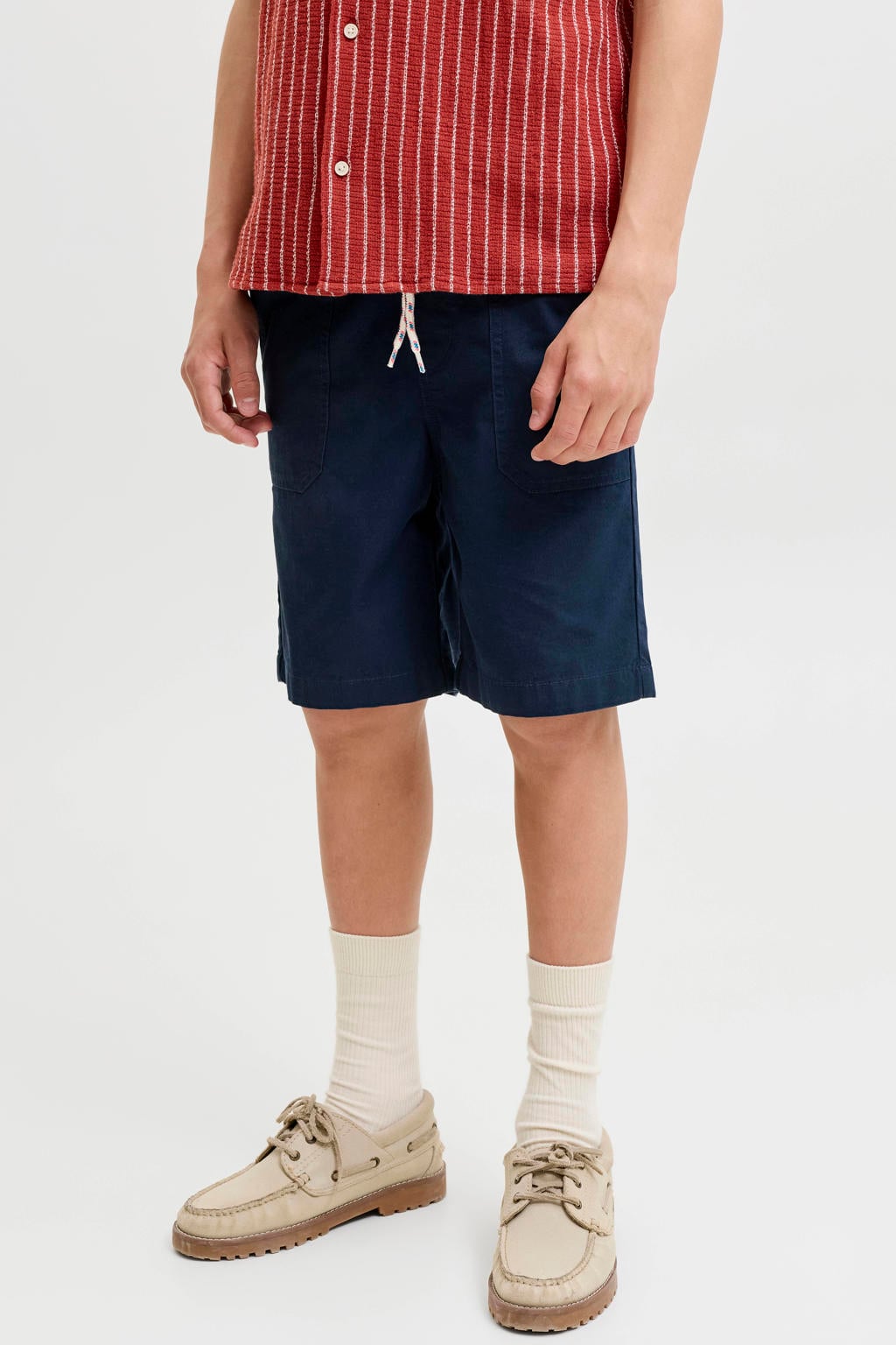Donkerblauwe jongens JACK & JONES JUNIOR regular bermuda short van katoen met elastische tailleband met koord en effen