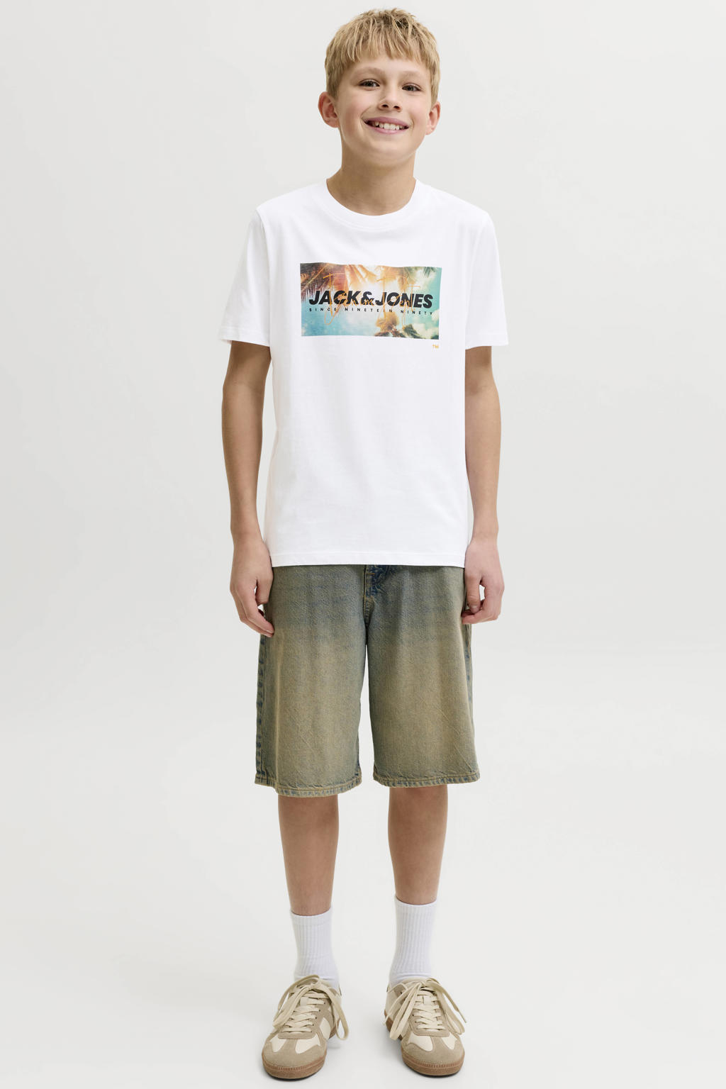 Witte jongens JACK & JONES JUNIOR T-shirt van katoen met logo dessin, korte mouwen en ronde hals