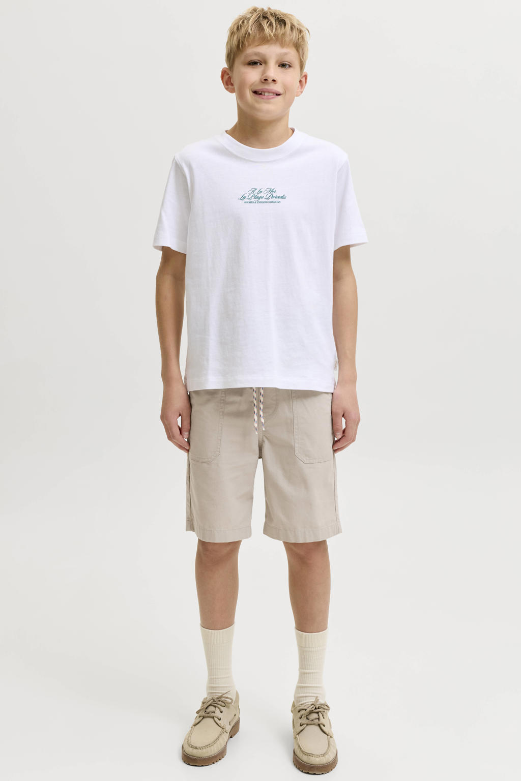 Zandkleurige jongens JACK & JONES JUNIOR regular bermuda short van katoen met elastische tailleband met koord en effen
