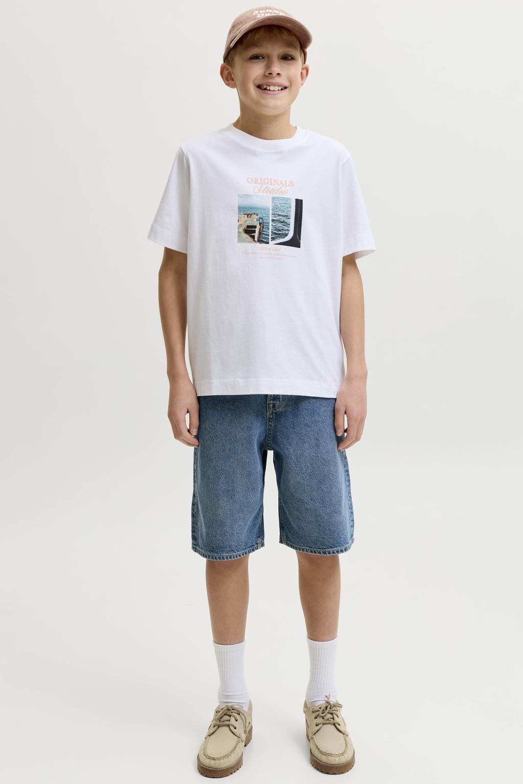 Witte jongens JACK & JONES JUNIOR T-shirt van katoen met printopdruk, korte mouwen en ronde hals