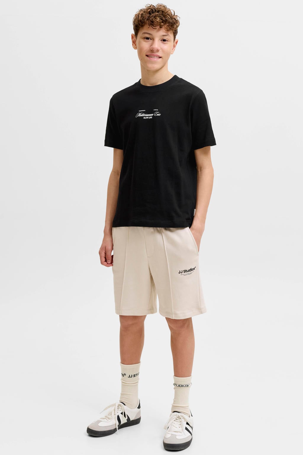 Zwarte jongens JACK & JONES JUNIOR T-shirt van katoen met backprint, korte mouwen en ronde hals