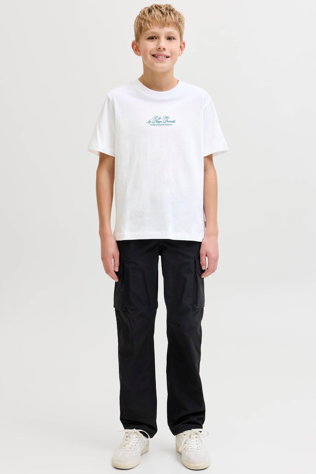 Witte jongens JACK & JONES JUNIOR T-shirt van katoen met backprint, korte mouwen en ronde hals