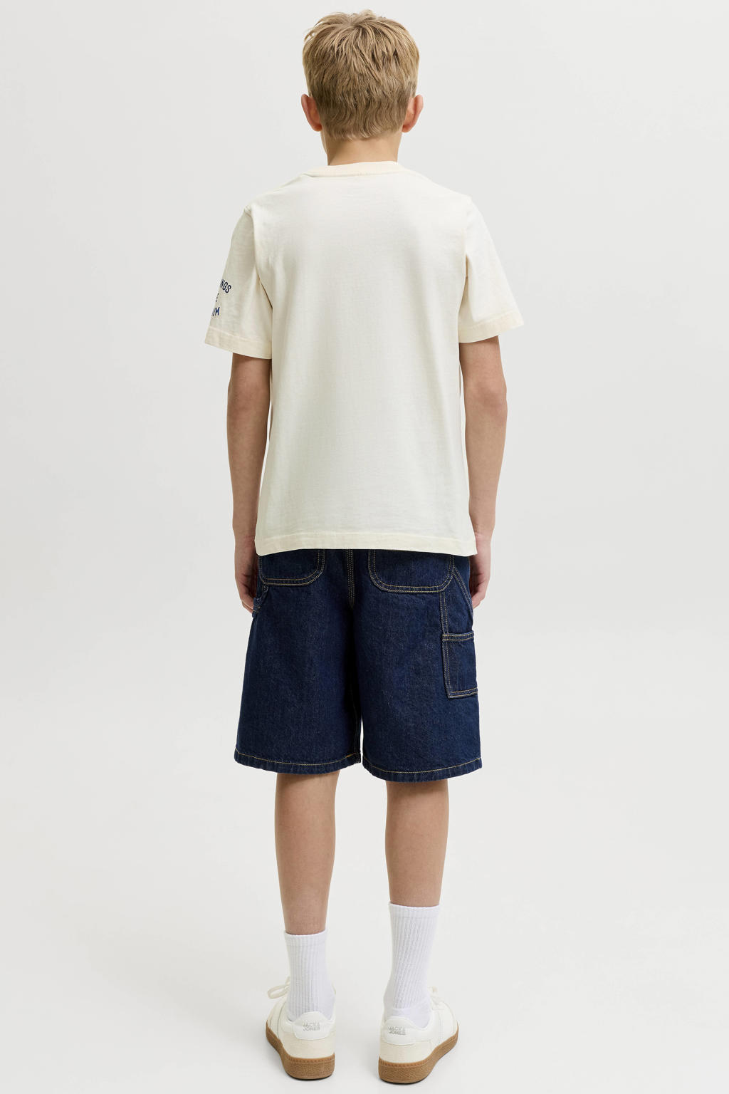 Lichtgele jongens JACK & JONES JUNIOR T-shirt van katoen met tekst print, korte mouwen en ronde hals
