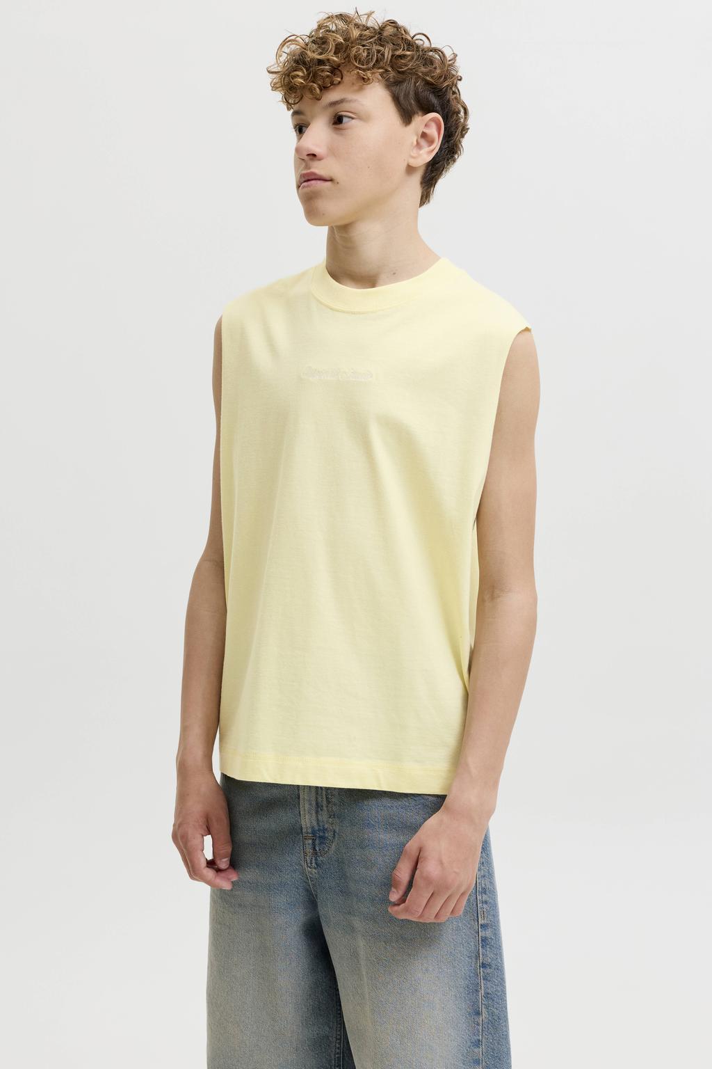 Lichtgele jongens JACK & JONES JUNIOR tanktop van katoen met tekst print, korte mouwen en ronde hals