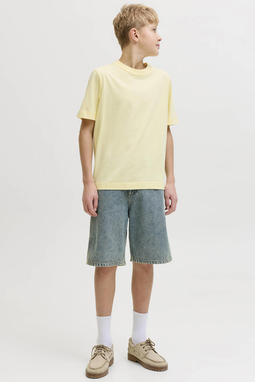 Lichtgele jongens JACK & JONES JUNIOR T-shirt van katoen met tekst print, korte mouwen en ronde hals