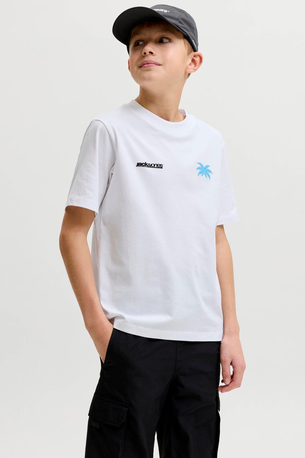 Witte jongens JACK & JONES JUNIOR T-shirt van katoen met backprint, korte mouwen en ronde hals