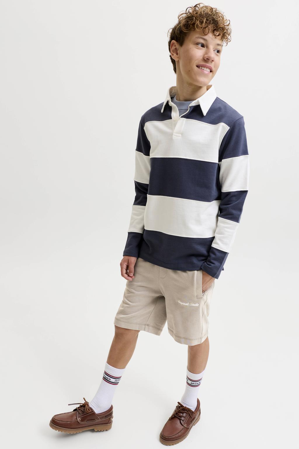 Zandkleurige jongens JACK & JONES JUNIOR sweatshort van katoen met loose fit, elastische tailleband met koord en tekst print