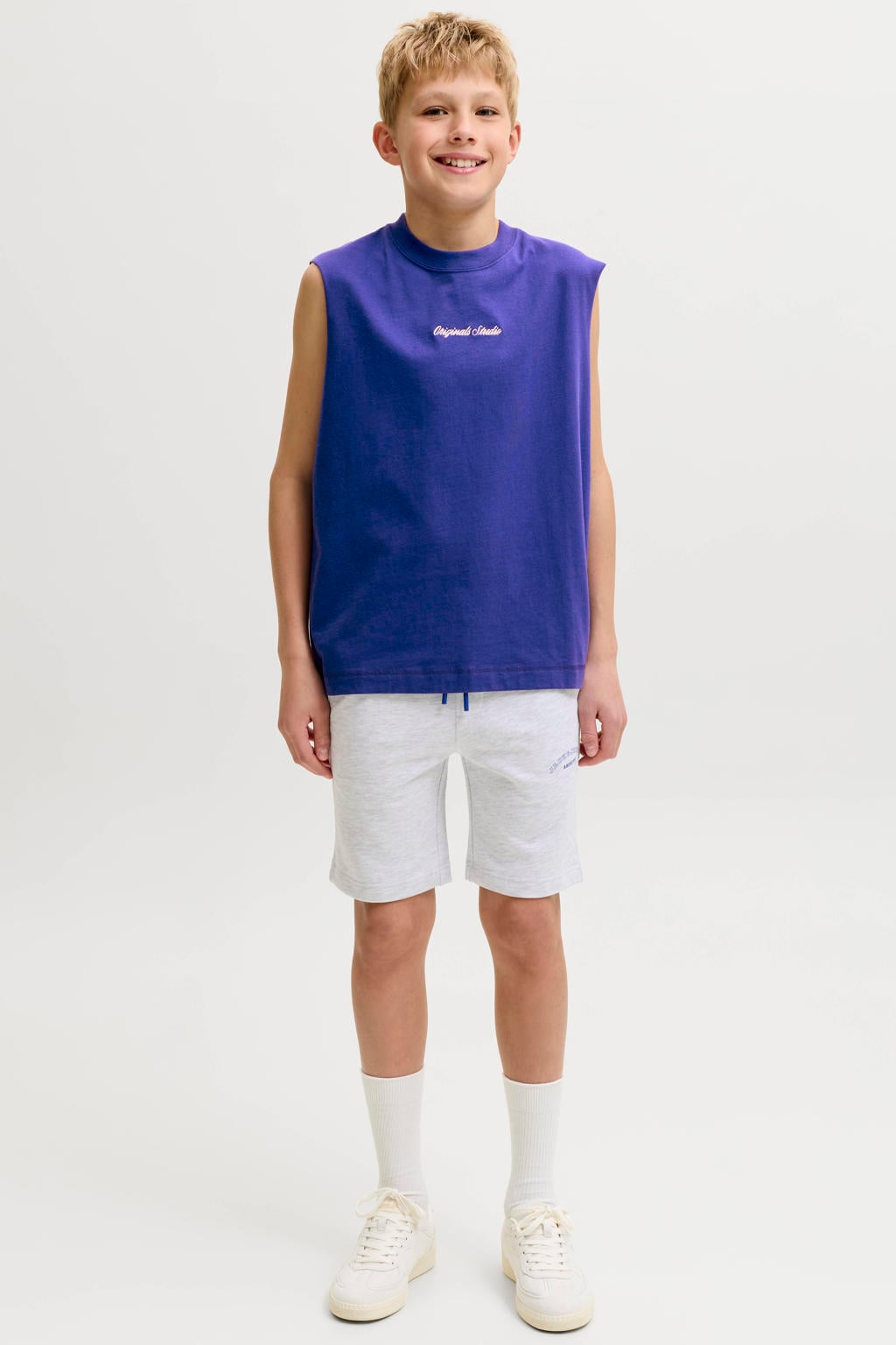 Blauwe jongens JACK & JONES JUNIOR tanktop van katoen met tekst print, korte mouwen en ronde hals