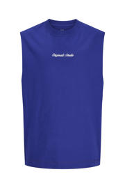 thumbnail: Blauwe jongens JACK & JONES JUNIOR tanktop van katoen met tekst print, korte mouwen en ronde hals