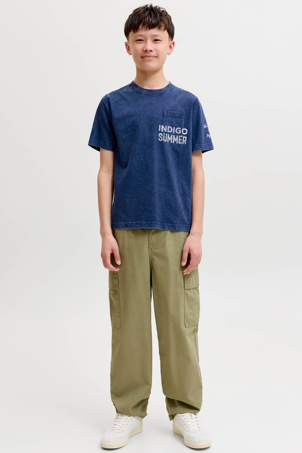 Blauwe jongens JACK & JONES JUNIOR T-shirt van katoen met tekst print, korte mouwen en ronde hals