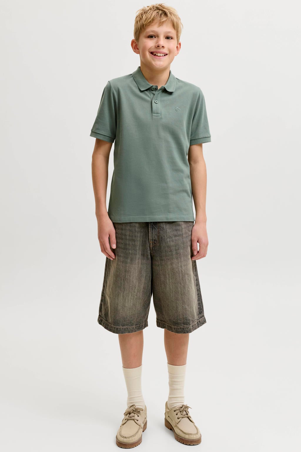 Groene jongens JACK & JONES JUNIOR polo van katoen met effen, korte mouwen en knoopsluiting