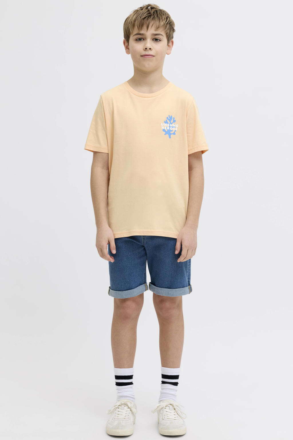 Oranje jongens JJ REBEL JUNIOR T-shirt van katoen met backprint, korte mouwen en ronde hals