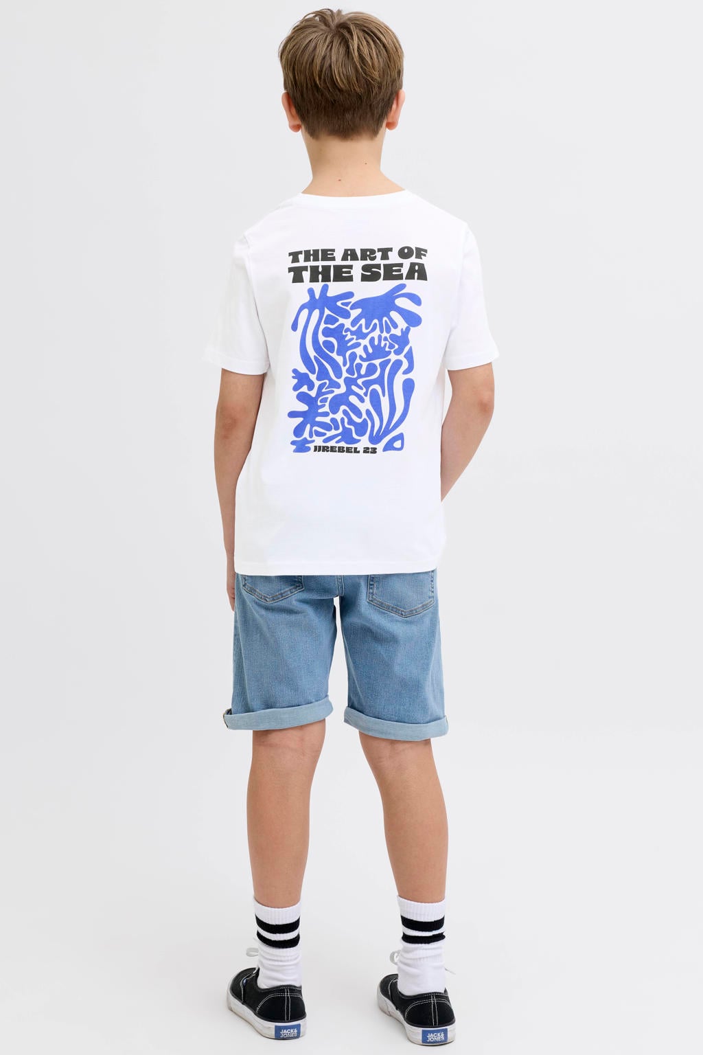 Witte jongens JJ REBEL JUNIOR T-shirt van katoen met backprint, korte mouwen en ronde hals