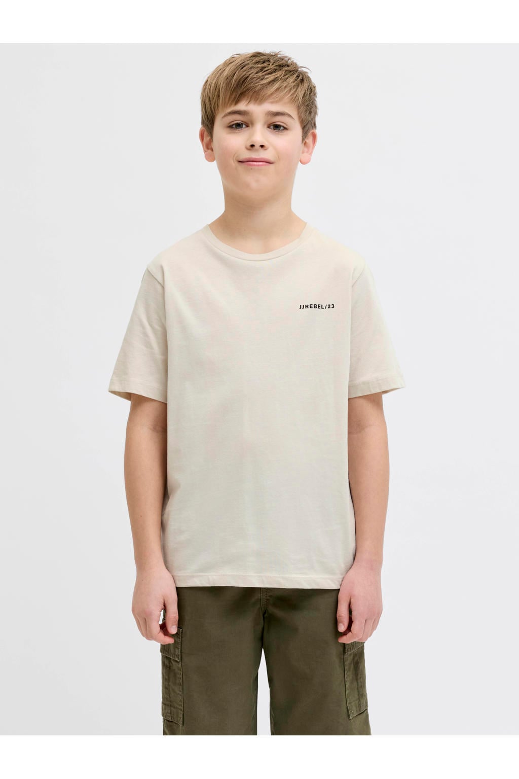 Beige jongens JJ REBEL JUNIOR T-shirt van katoen met backprint, korte mouwen en ronde hals