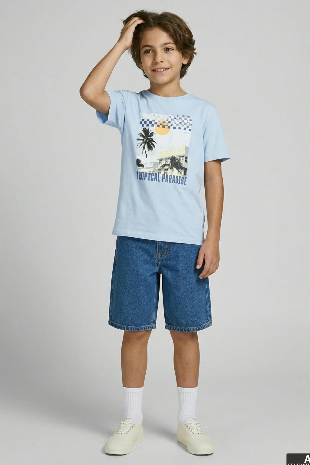 Lichtblauwe jongens JJ REBEL JUNIOR T-shirt van katoen met printopdruk, korte mouwen en ronde hals