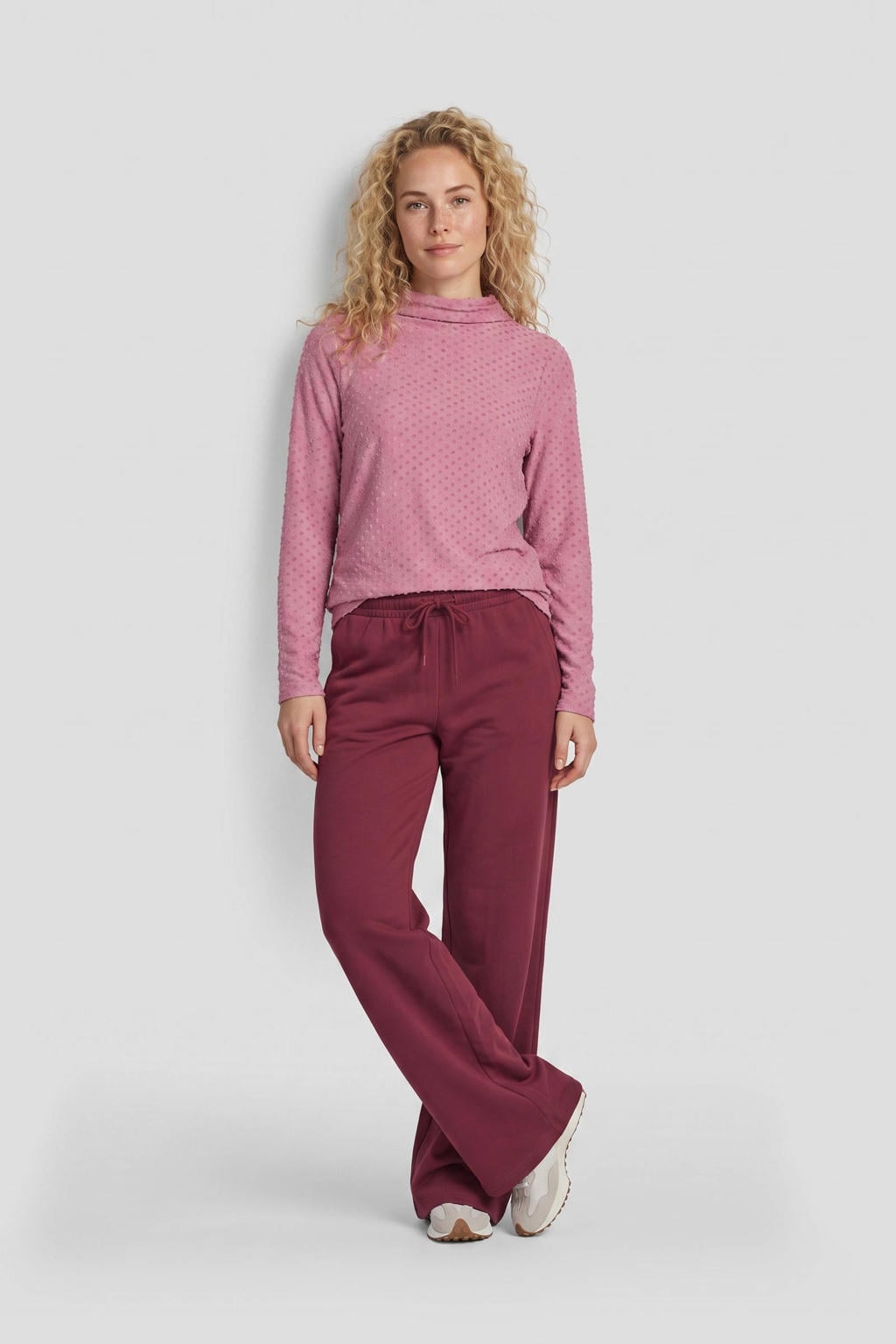 Donkerrode dames Anytime fleece wide leg joggingbroek met trekkoorden en effen