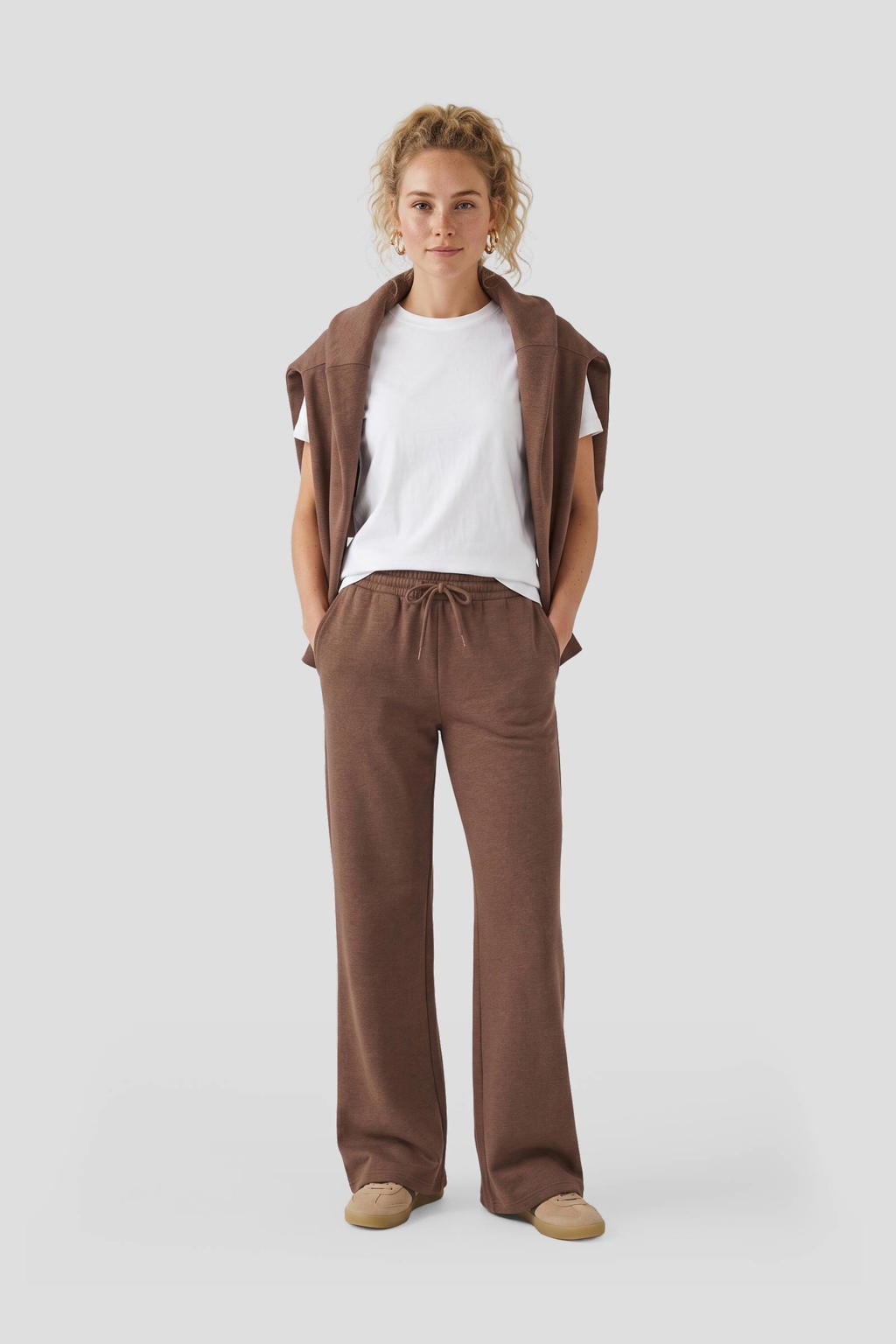 Bruine dames Anytime fleece wide leg joggingbroek met trekkoorden en effen