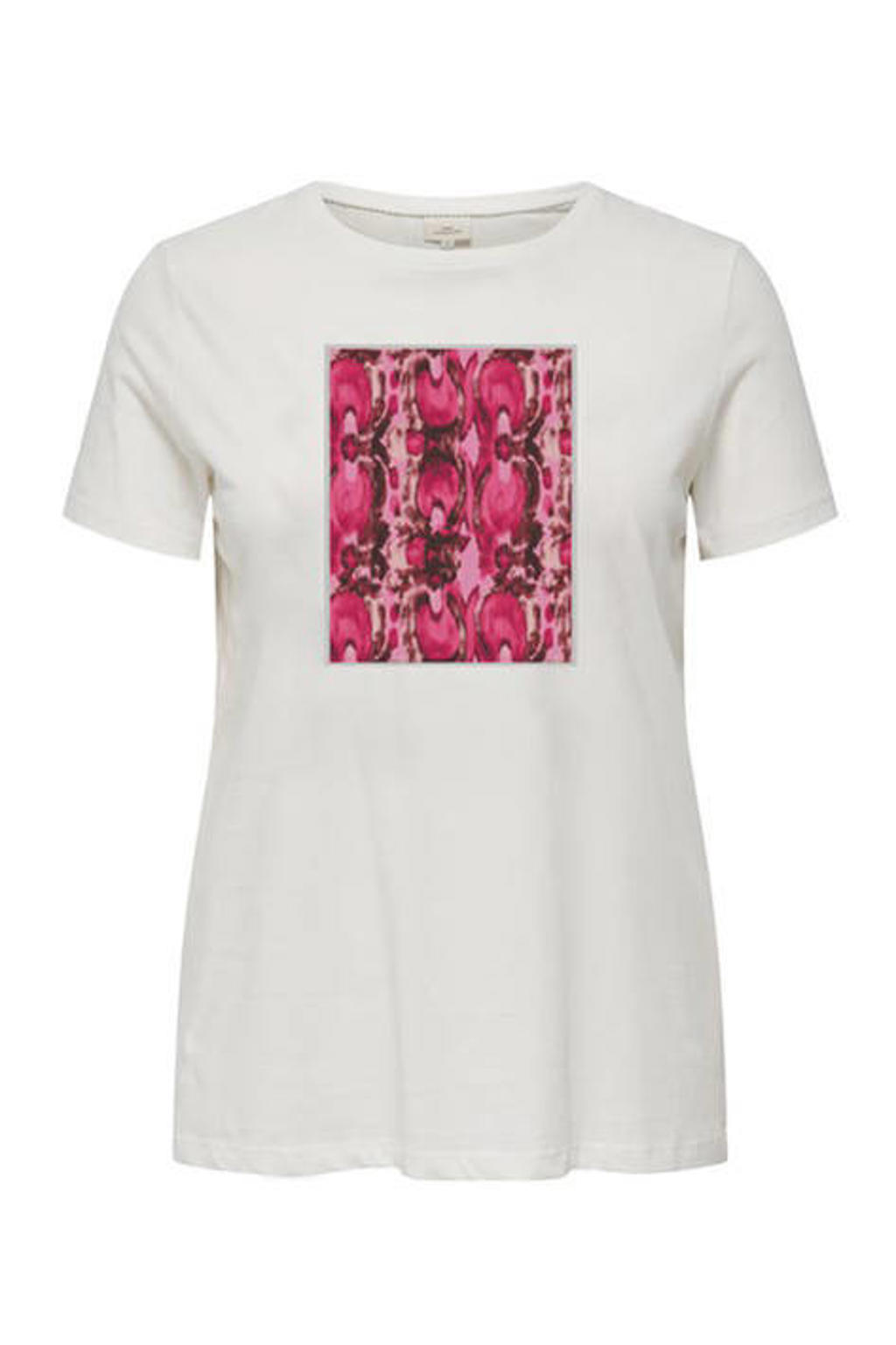 Wit en roze dames ONLY CARMAKOMA T-shirt van katoen met printopdruk, korte mouwen en ronde hals
