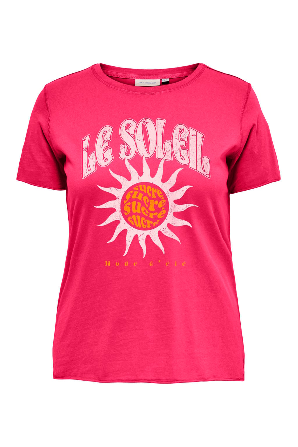Roze dames ONLY CARMAKOMA T-shirt van katoen met printopdruk, korte mouwen en ronde hals