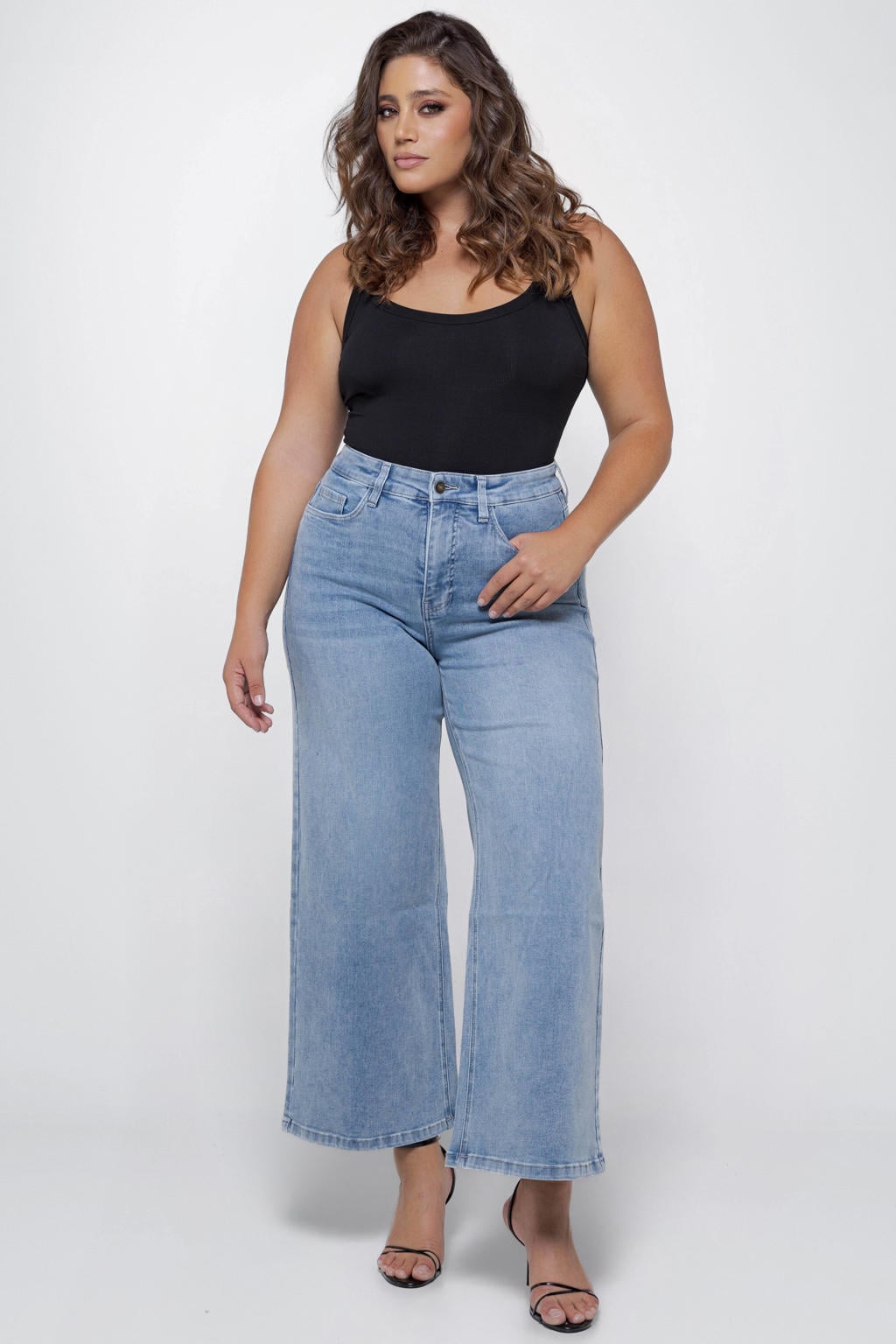 Light blue denim dames Fox Factor high waist bootcut jeans van denim met rits- en knoopsluiting en effen