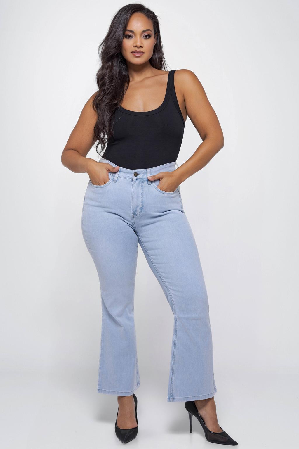Light blue denim dames Fox Factor Coco Blue high waist bootcut jeans van denim met rits- en knoopsluiting en effen