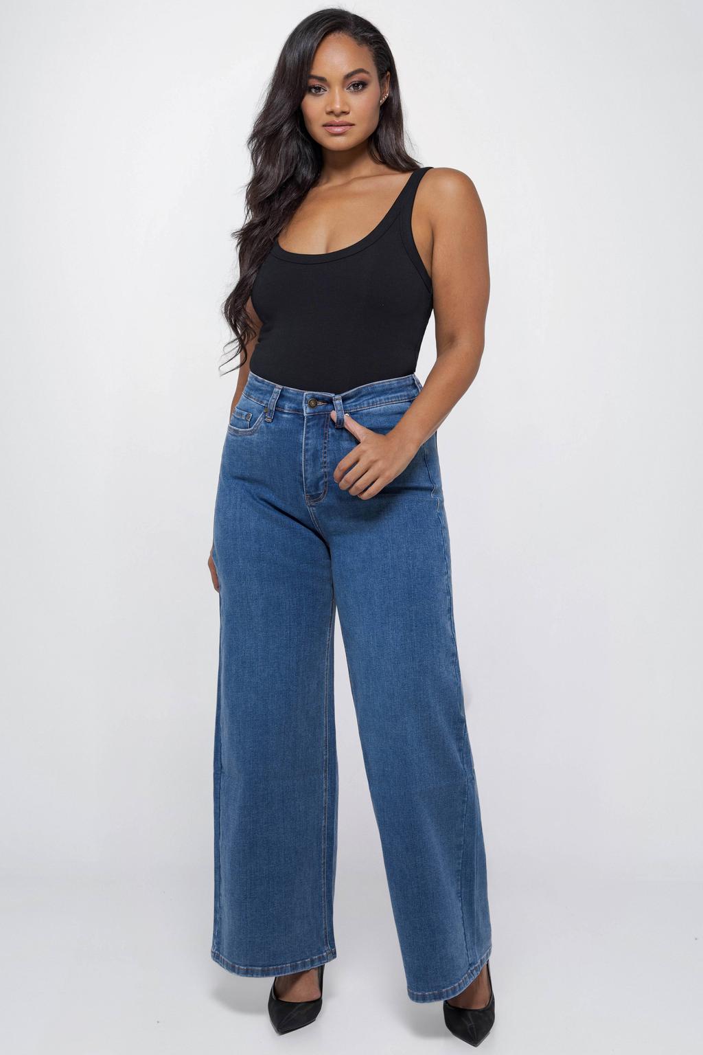 Medium blue denim dames Fox Factor Shore Blue high waist wide leg jeans van denim met rits- en knoopsluiting en effen