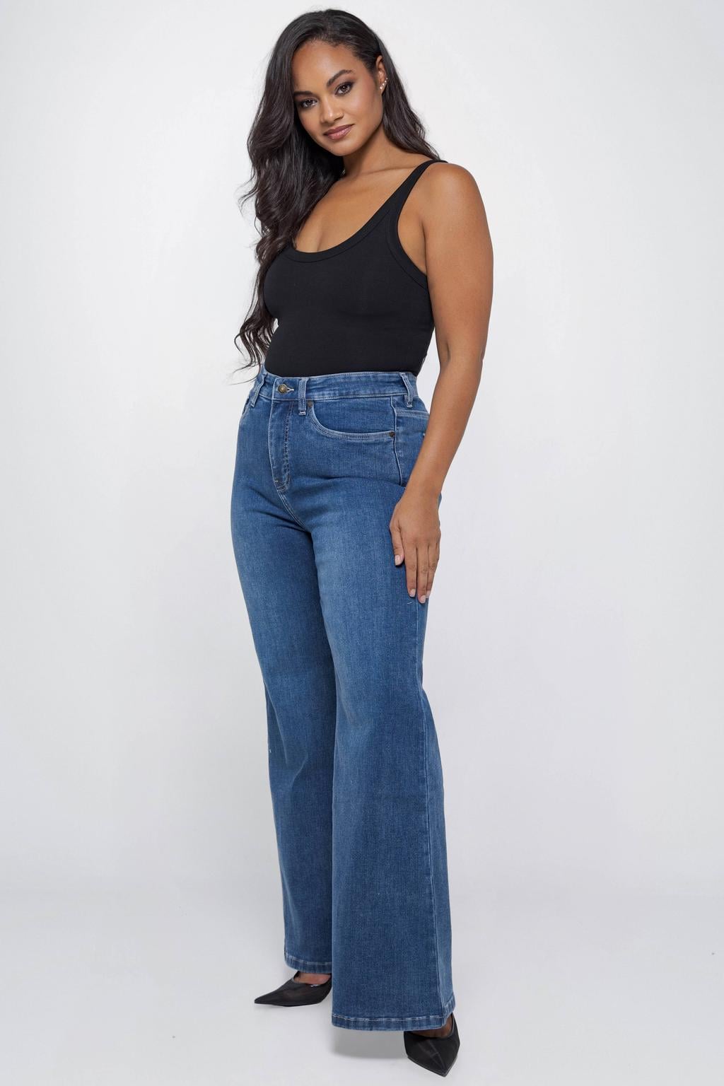 Medium blue denim dames Fox Factor City Blue high waist wide leg jeans van denim met rits- en knoopsluiting en effen