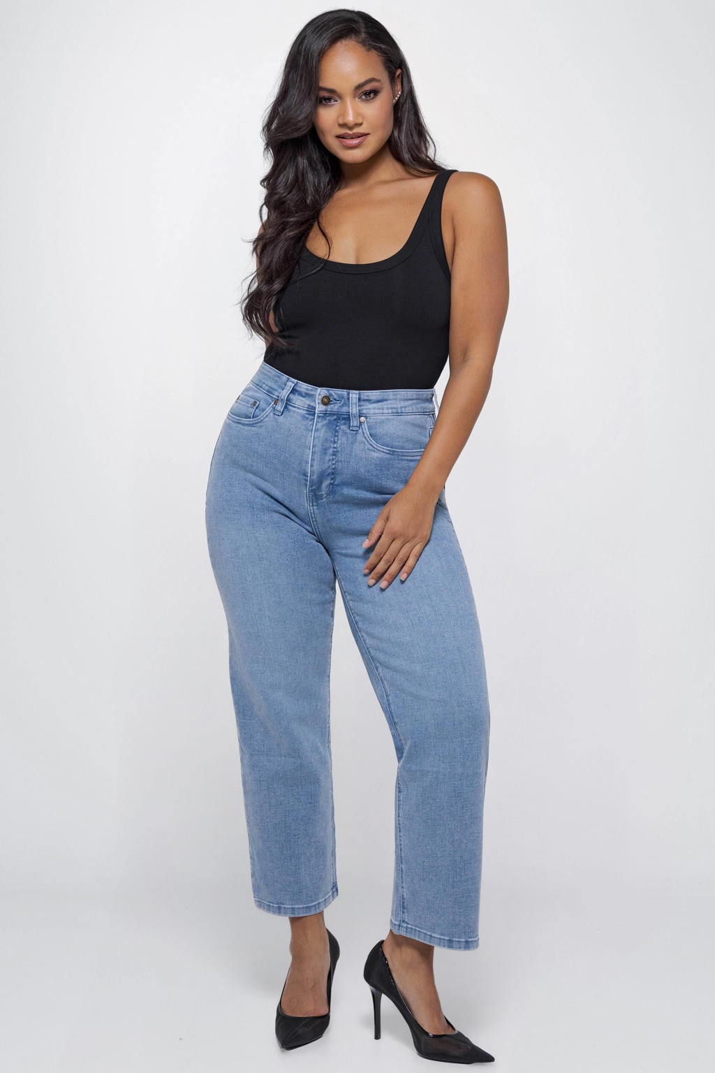 Light blue denim dames Fox Factor Ruby Blue high waist cropped jeans van denim met rits- en knoopsluiting en effen