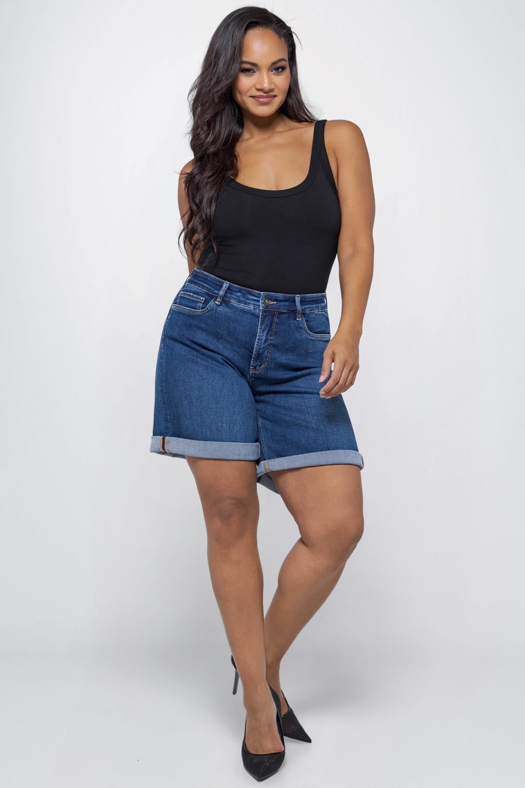 Medium blue denim dames Fox Factor straight high waist short van denim met rits- en knoopsluiting en effen