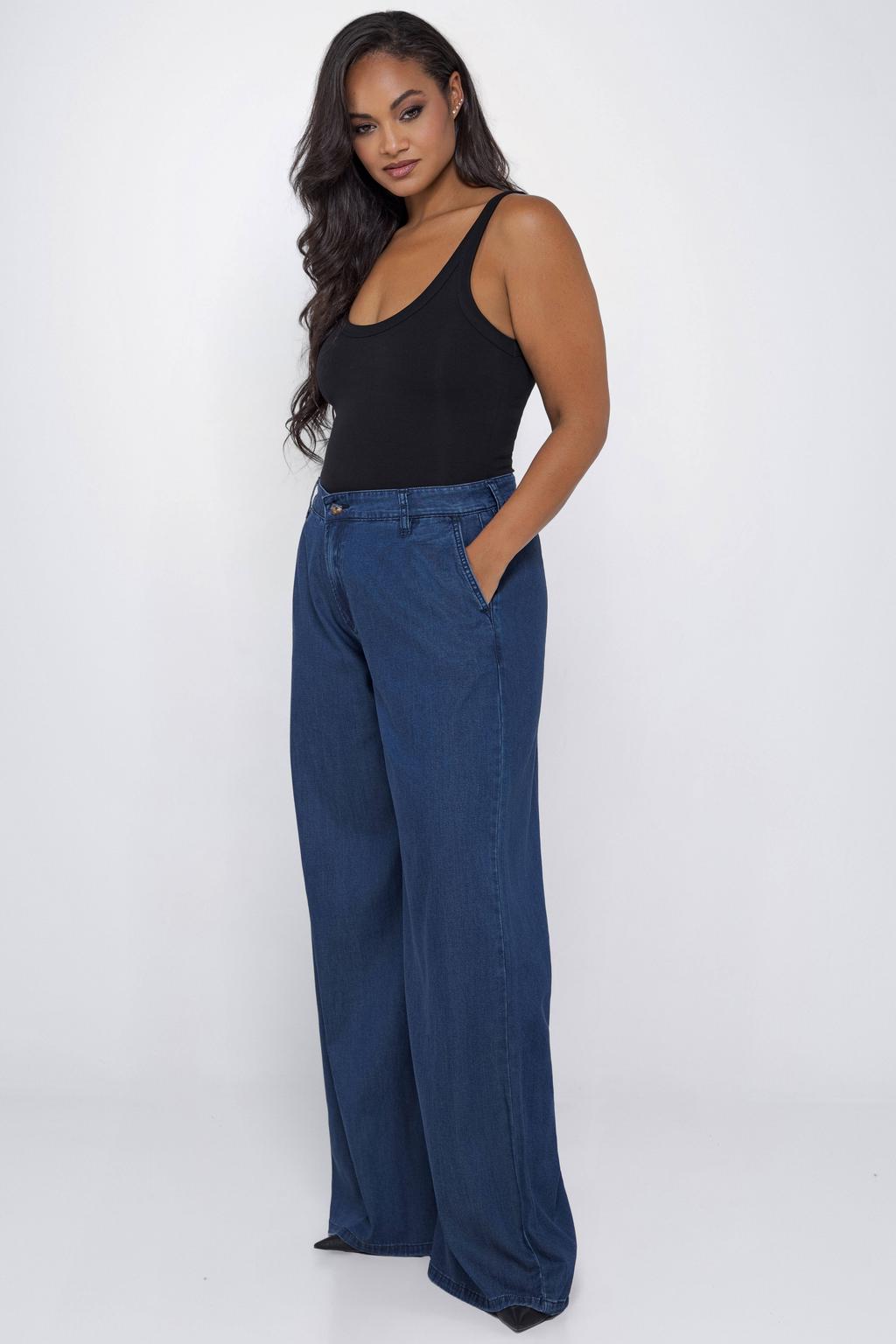 Dark blue denim dames Fox Factor Grace Blue high waist wide leg jeans dark blue van denim met rits- en knoopsluiting en effen