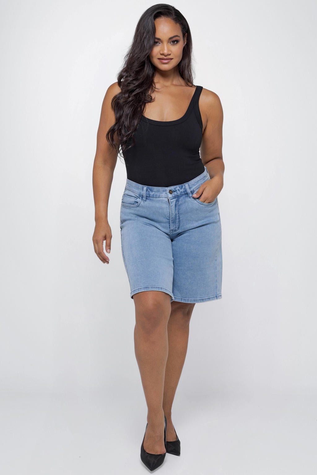 Light blue denim dames Fox Factor regular high waist short van denim met rits- en knoopsluiting en effen