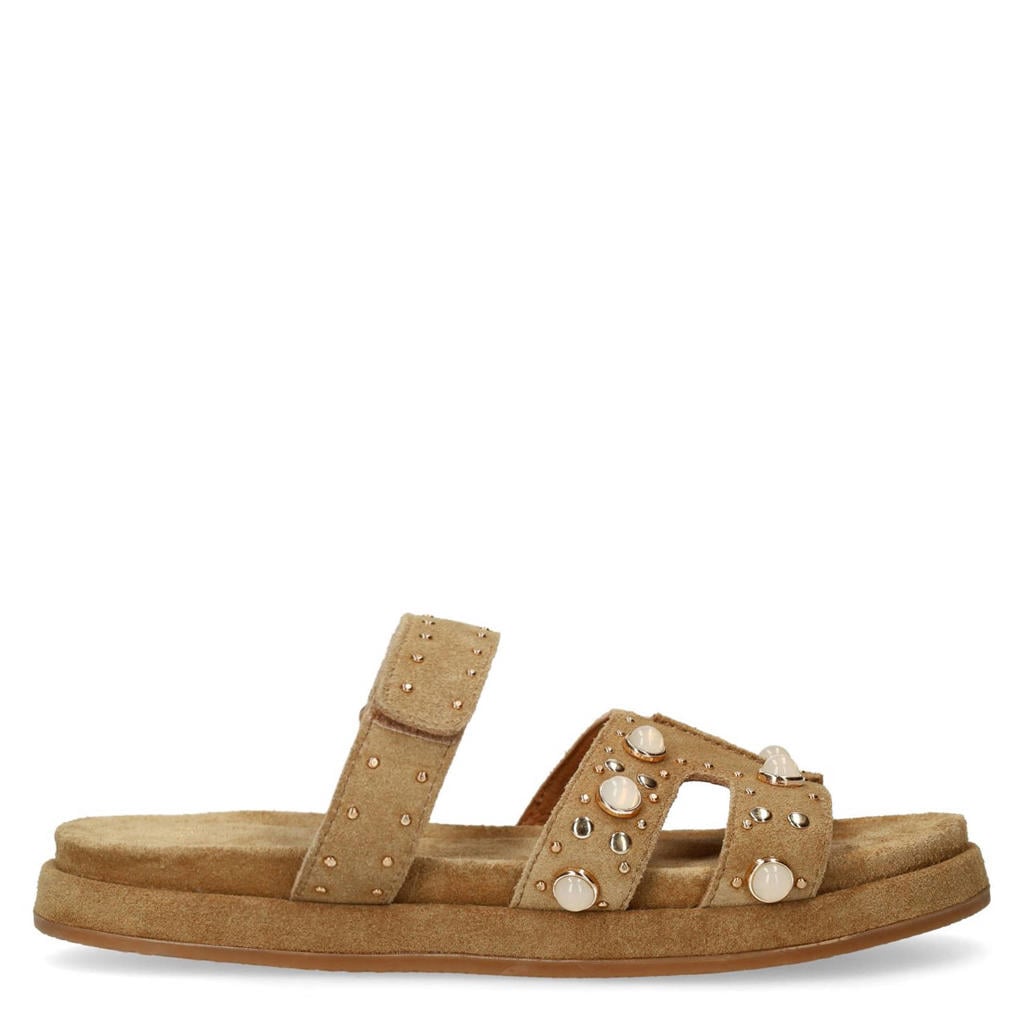 Beige dames Manfield suède slippers met klittenband