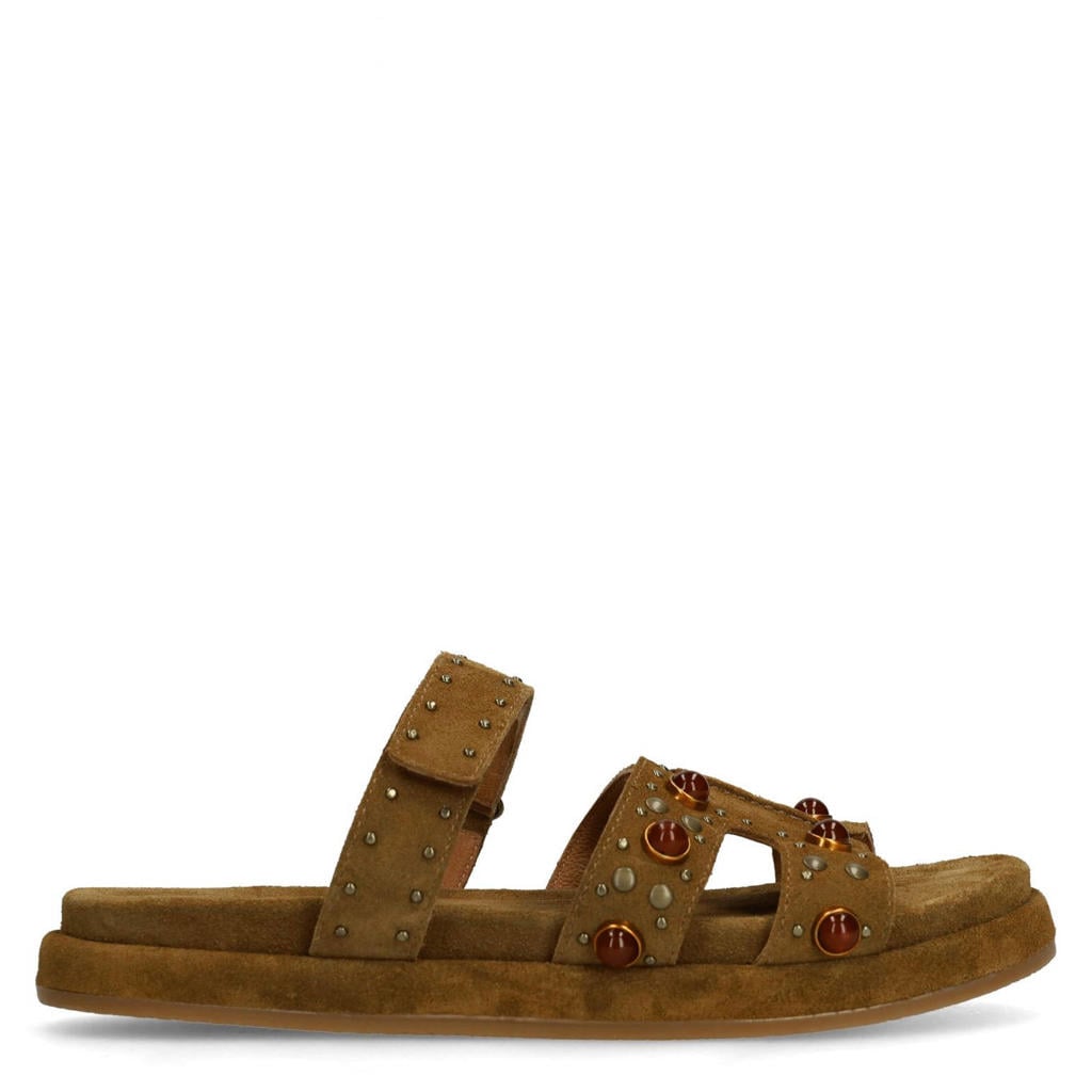 Cognackleurige dames Manfield suède slippers met klittenband