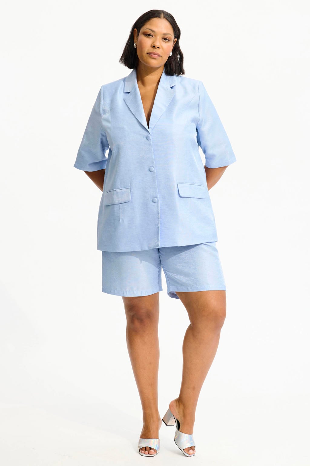 Lichtblauwe dames Anyday wide leg regular waist bermuda short met rits- en haaksluiting en effen