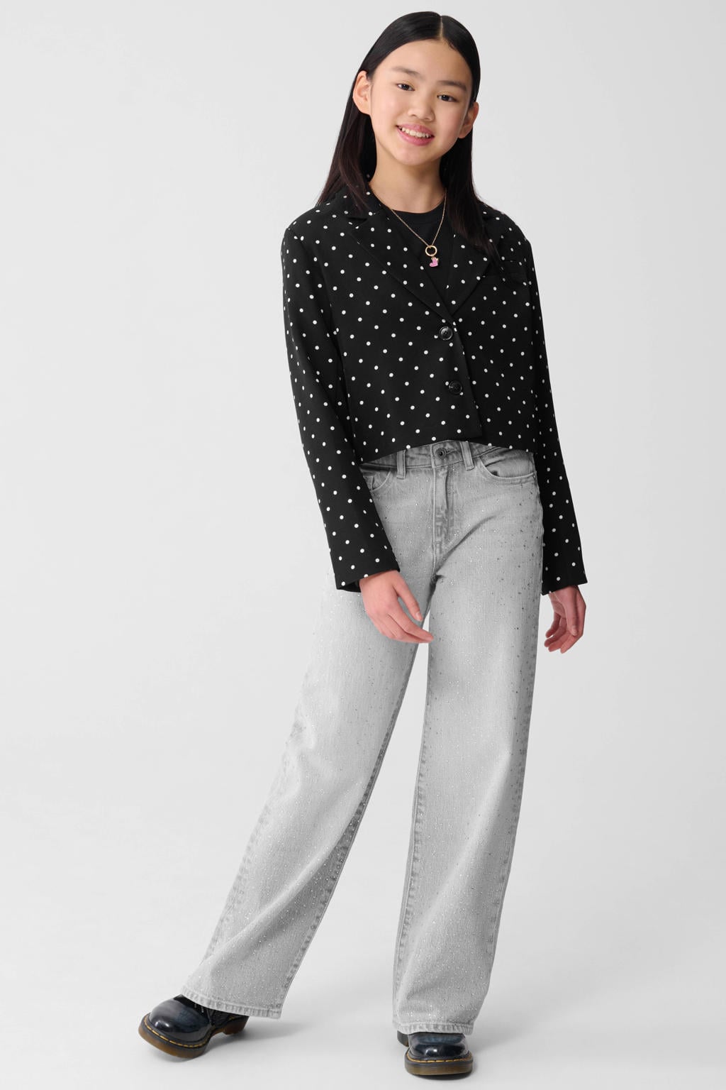 Grey denim meisjes Shoeby high waist straight leg jeans steentjes van denim met rits- en knoopsluiting en effen
