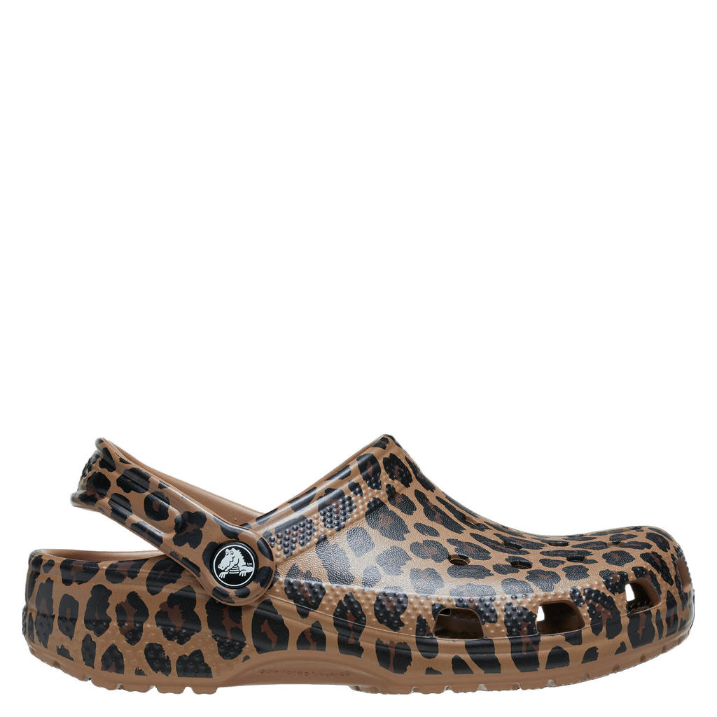 Bruine meisjes Crocs Schoolkind Tiener clogs van rubber met panterprint