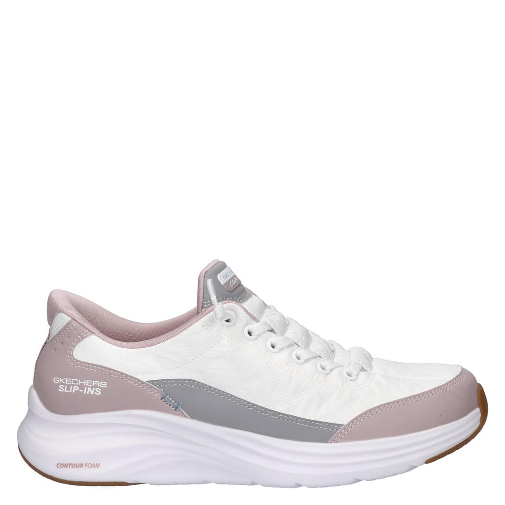 Wit en roze dames Skechers Hands Free Slip-Ins Contour Foam slip-on sneakers van imitatieleer en textiel met elastische veters
