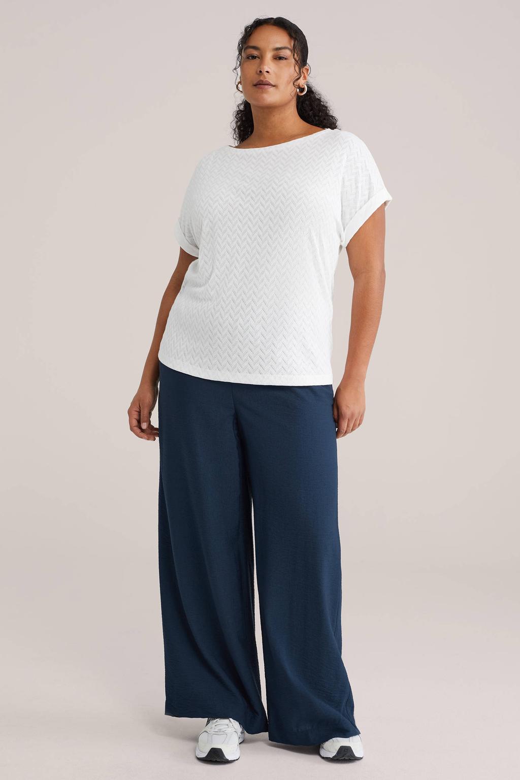 Witte dames WE Fashion Curve T-shirt van katoen met effen, korte mouwen en boothals