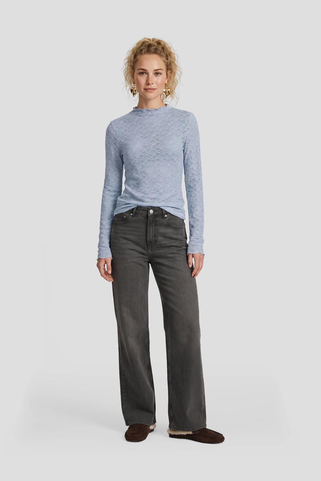 Grey denim dames Anytime loose fit jeans van katoen met high waist en effen
