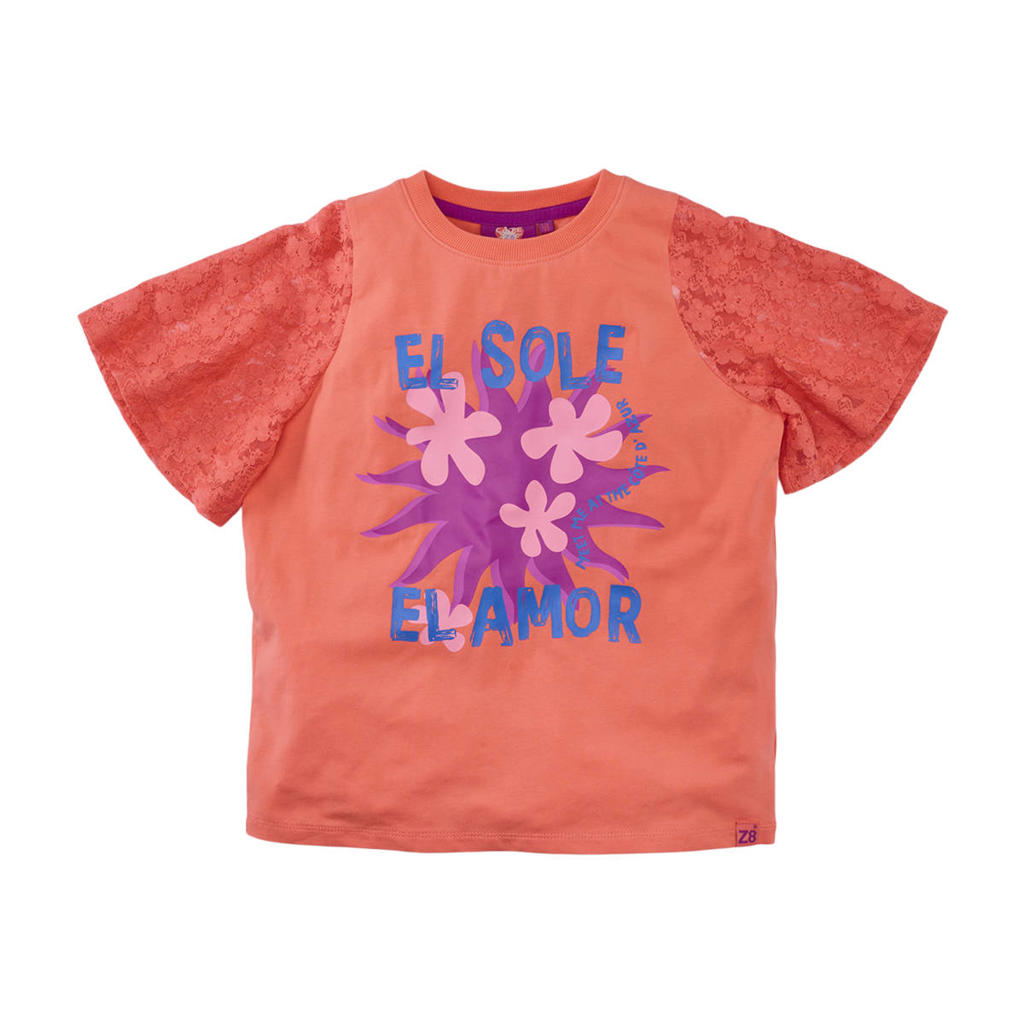 Koraalrode meisjes Z8 kids T-shirt Davina van stretchkatoen met bloemenprint, korte mouwen, ronde hals en geribde boorden