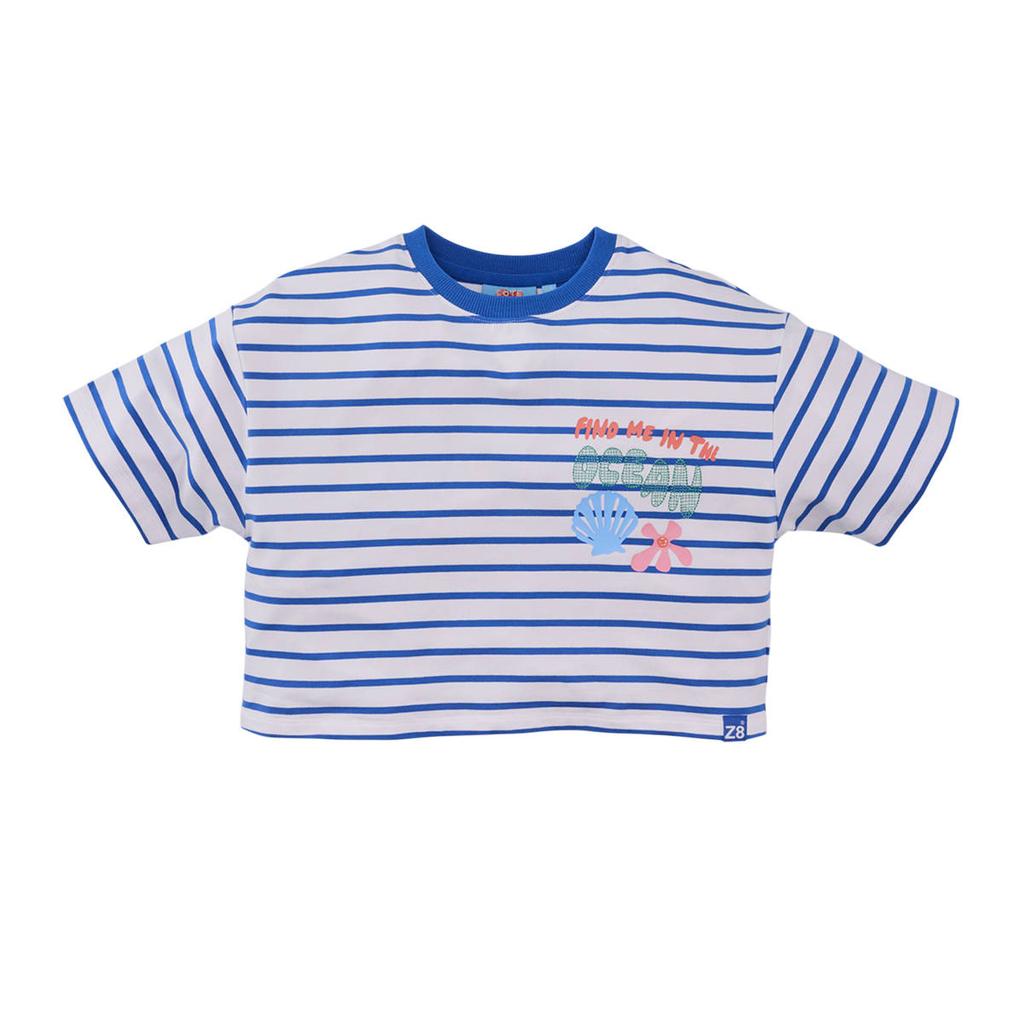 Blauw en witte meisjes Z8 kids cropped T-shirt Mint van stretchkatoen met strepenprint, korte mouwen en ronde hals