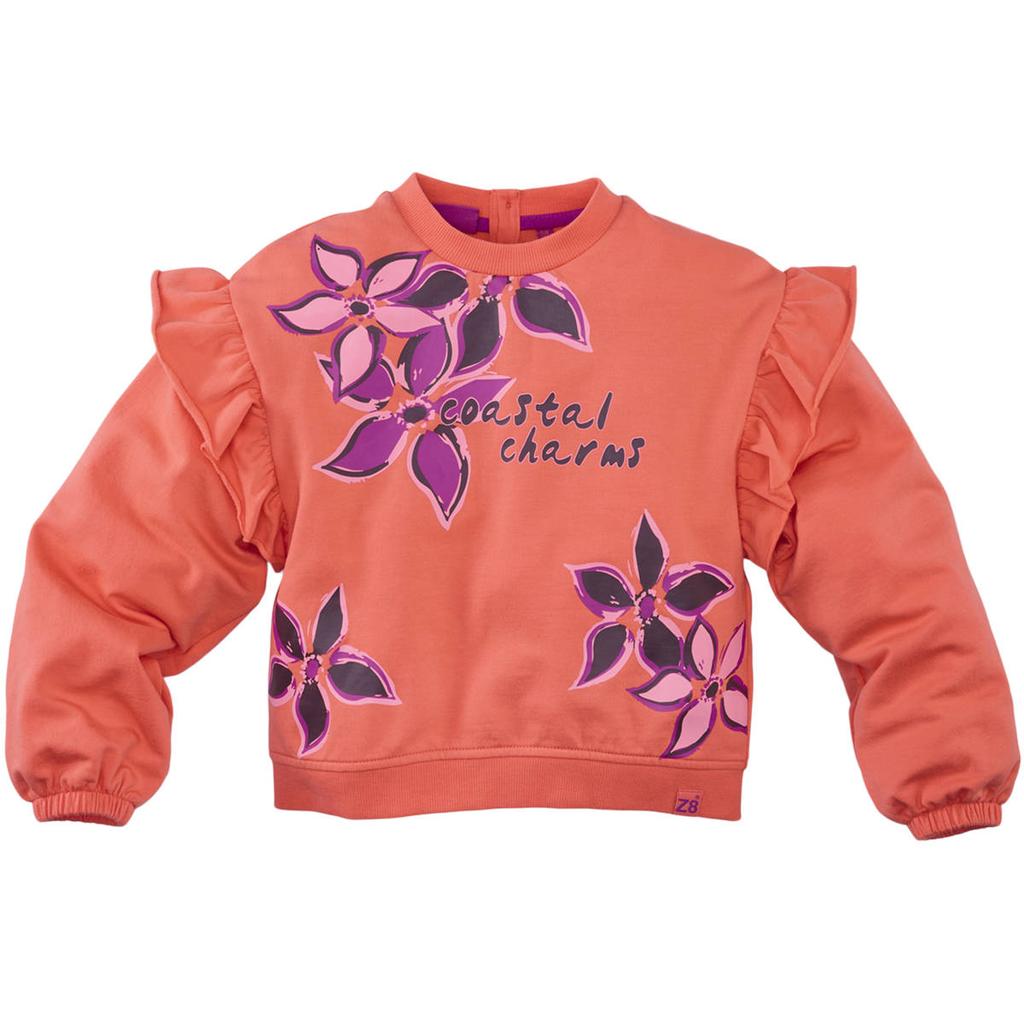 Koraalrood en violetkleurige meisjes Z8 kids sweater Zumra koraal van stretchkatoen met bloemenprint, lange mouwen, ronde hals en ruches