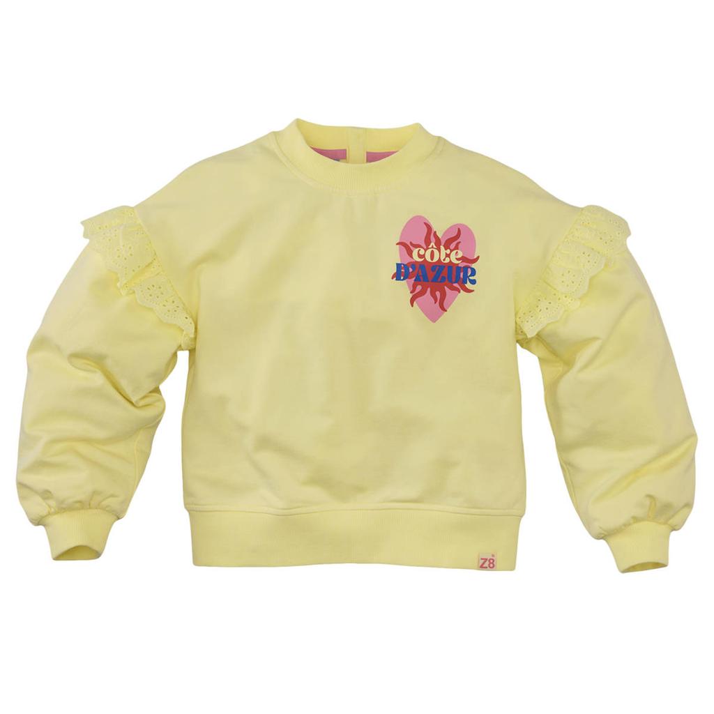 Lichtgele meisjes Z8 kids sweater Mikky van stretchkatoen met printopdruk, lange mouwen, ronde hals en broderie
