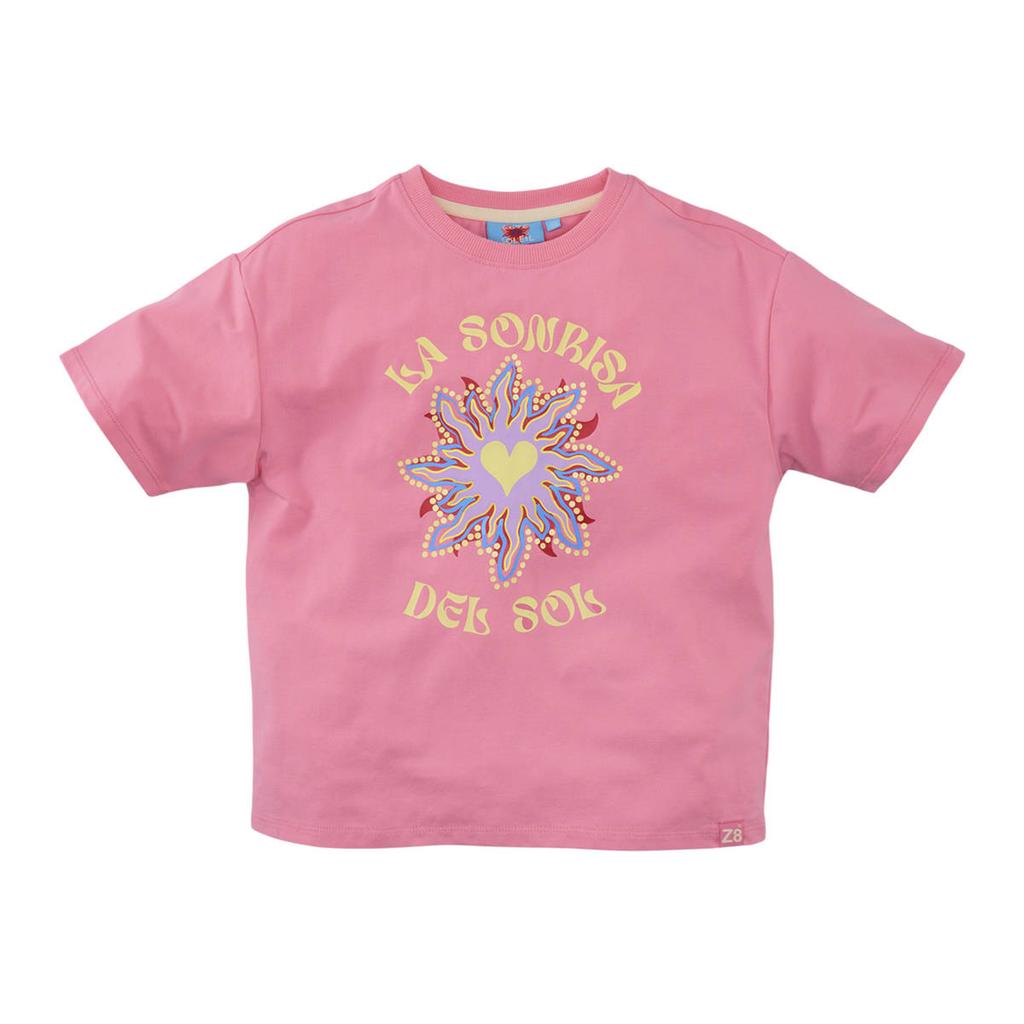 Lichtroze en lichtgele meisjes Z8 kids T-shirt Novy van stretchkatoen met printopdruk, korte mouwen en ronde hals